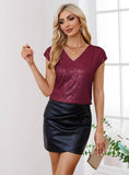 Womens Sequin V-Neck Fitted Raglan Sleeve Top
