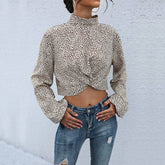 Vacation Style Cropped Long Sleeve Leopard Top