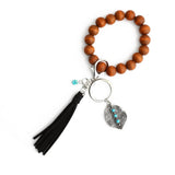 BOHO TASSEL KEYCHAIN WITH LEAF CHARM AND WOOD BEADS_CWAB5087