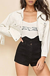 Cwjj0232_Denim Jacket With Long Sleeves With Fringe Short