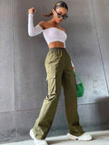Solid Color High-Waisted Pocket Cargo Pants