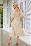 V-Neck Bow Pleated Mid-Length Short-Sleeved Dress
