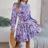 Stand Collar Flower Waist Pinched Skirt Dress