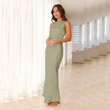 Solid Satin Sexy Backless Long Halter Gown Dress
