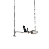 HALLOWEEN MAGIC BROOM BLACK CAT NECKLACE_CWAJE2434