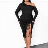 OFF SHOULDER ASYMMETRICAL CINCHED BODYCON DRESS_CWDMD6053
