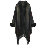 Womens Hooded Cape Striped Knitted Fringe Shawl