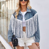 Washed Long Sleeve Denim Jacket With Fringe