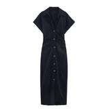 LINEN COLLARED SHORT SLEEVE MIDI DRESS FOR WOMEN_CWDMD5785