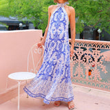 Temperament Print Halter Halter Lace Peplum Dress