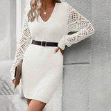 Solid Color Cut-Out V-Neck Sweater Dress