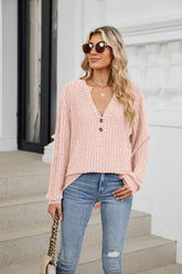 V-Neck Button-Down Long Sleeved Loose T-Shirt