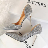 Women Pointy Side Hollowed Sequined High Heels