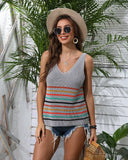 U-Neck Colored Striped Knitted I-Shaped Vest