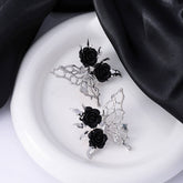 SILVER NEEDLE BLACK ROSE BUTTERFLY EARRINGS_CWAJE1857