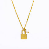 STAINLESS STEEL LETTER PEARL LOCK PENDANT NECKLACE_CWMM5298