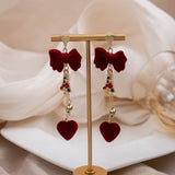 NEW BURGUNDY BOW LONG HEART EARRINGS_CWAJE1860