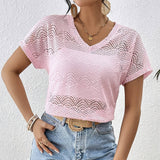 Solid-Color Lace V-Neck Bat Short-Sleeved T-Shirt