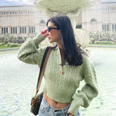 Solid Color V-Neck Long-Sleeved Sweater