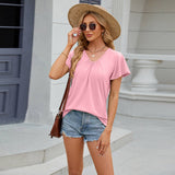 V-Neck Fly-Sleeved Pleated Short-Sleeved T-Shirt
