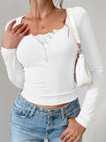 Y2K Slim Trim Lace Button U Neck Ribbed Top