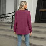 Solid Color U-Neck Pleated Long Sleeve Top
