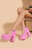 Women Pink Chunky Heeled Ankle Strap Round Pumps