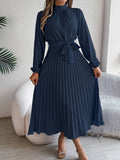 Standing Collar Long Sleeve Pleated Long Dress