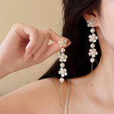 FRENCH RETRO PEARL FLOWER LONG TASSEL EARRINGS_CWAJE2326