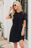 Solid-Color Hollowed-Out Lace Round-Neck Dress