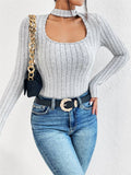 U-Neck Long Sleeve Pit Striped Wool Knit T-Shirt