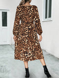 V-Neck Long Sleeve Leopard Print Long Dress
