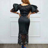 BOAT NECK LACE PATCHWORK LANTERN SLEEVE DRESS_CWDMD3683