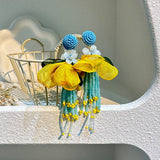 BOHO LONG TASSEL EARRINGS HANDMADE FABRIC FLOWERS_CWMM6165