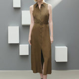 Split Sleeveless Solid Cinched Waist Shirt Dress