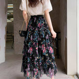 COLORFUL FLORAL MESH PRINT PLEATED TULLE SKIRT_CWBLS0399