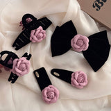 NEW BLACK VELVET PINK CAMELLIA HAIRPIN_CWAHA4658