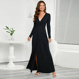 V-Neck Long-Sleeved Solid Color Fitted Dress