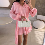 Solid-Color Long-Sleeved V-Neck Lace-Up Dress