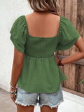 Solid-Color Cable-Lined Puffed-Sleeve T-Shirt