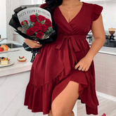 V-Neck Solid Color Tie Waist Ruffle Sleeve Dress_Cwdmd6055