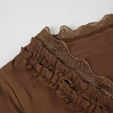 Vintage Wood Ear Trim V-Neck Long Sleeve T-Shirt