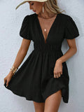 V-Neck Pleated Solid Color Dress