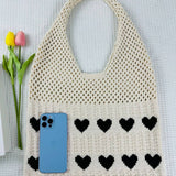 Cwab5068_Heart Pattern Woven Bag Large Capacity Tote Bag