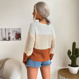 V-Neck Hollowed-Out Color-Blocking Sweater
