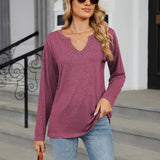 V-Neck Color Cotton Long Sleeve Loose T-Shirt