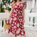 V Neck Belt Oversized Red Dress_Cwdmd1492