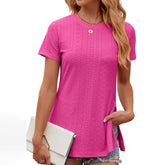 Solid Color Crew Neck Short Sleeve Split Top_Cwtsts0145