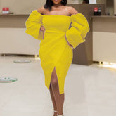 TEMPERAMENT SOLID COLOR OFFSHOULDER PLUSSIZE DRESS_CWDMD3702