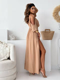 V-Neck Slit Shoulder Sleeves Sexy Halter Dress